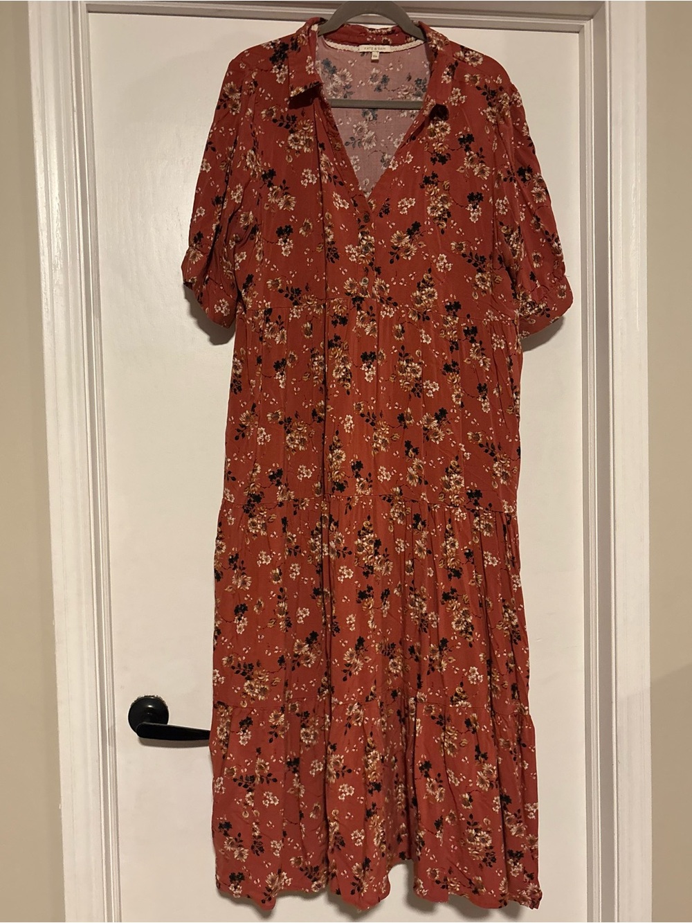 ⭐️Rust Floral Maxi Dress with V-Neck and Short Sleeves